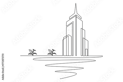 Office building continuous one line drawing minimalist outline vector illustration
