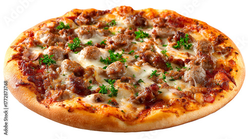 Deliciously topped meat lovers pizza with melted cheese and herbs