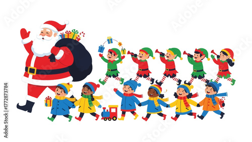 Foto Santa's Cheerful Parade: The iconic figure leads a joyful procession of elves and children through a winter wonderland, spreading holiday cheer and the magic of Christmas