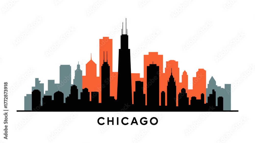 Naklejka premium Chicago Cityscape: a vivid silhouette showcasing the iconic skyline of Chicago, with distinct architectural shapes, presented in eye-catching color blocks.