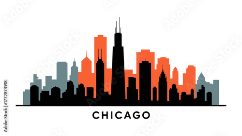 Chicago Cityscape: a vivid silhouette showcasing the iconic skyline of Chicago, with distinct architectural shapes, presented in eye-catching color blocks.