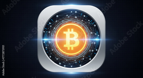 A futuristic icon showcases bitcoin, symbolizing digital currency and the innovative technology driving the future of finance and investment