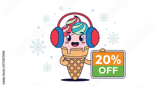 Sweet Cold Delight: An adorable cartoon ice cream cone sporting earmuffs, happily holding a sale sign promoting a delightful 20% discount. A charming blend of fun and savings.