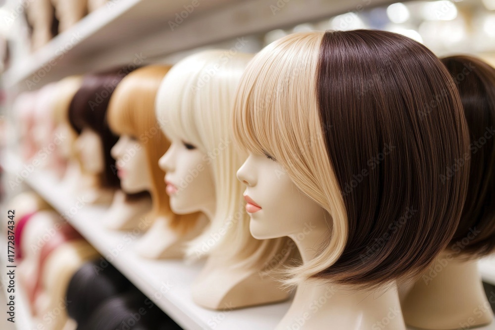 Fototapeta premium Row mannequin heads white shelf hair salon mannequins Selection of female wigs