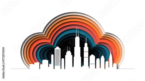 City Silhouette in Paper Cutout Style: The architectural silhouette, beautifully carved from layers of paper, represents city skyscrapers and captures the blend of design and urban charm.