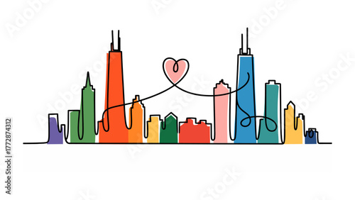 Chicago Skyline Love: Colorful illustration depicts a skyline with iconic buildings connected by a continuous line forming a heart, symbolizing the love for the city. 