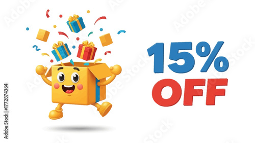 Joyful Gift Box with 15% off promotion: A cheerful gift box bursts with colorful presents and confetti, advertising a delightful 15% discount.