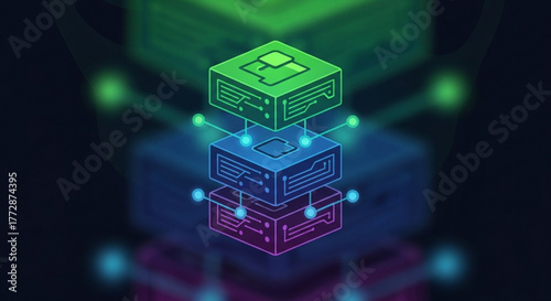 Blockchain technology concept with interconnected blocks representing data storage and security in a decentralized network for secure transactions and data management