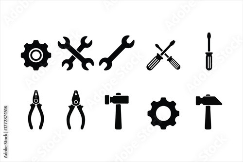 Collection of essential tools icons set including gears wrenches screwdrivers hammers and pliers for repair services