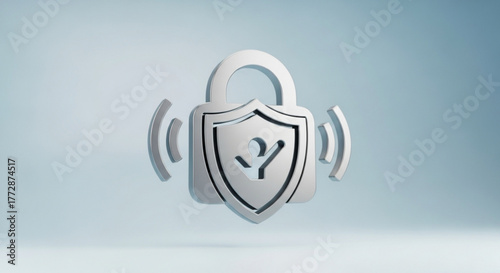 A 3d rendering of a white padlock with a shield in front of it, the shield has a tree on it