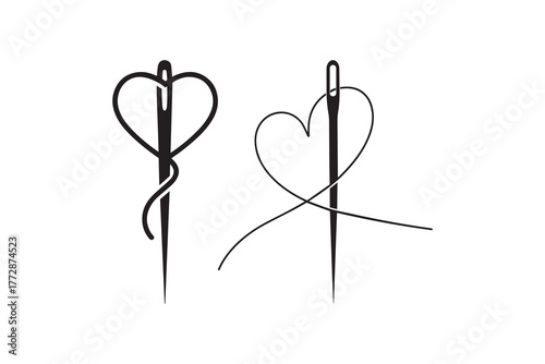 Heart shaped needle and thread design Creative heart and thread embroidery concept
