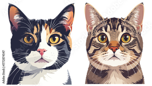 Charming feline friends, a calico and tabby, gaze forward with expressive eyes, perfect for pet lovers and animal enthusiasts seeking adorable companionship.