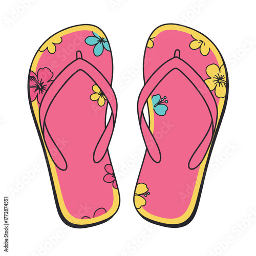 Bright and colorful summer flip flops, essential footwear for beach vacations and warm weather leisure, displayed in a modern flat 2D vector illustration isolated on a white background.