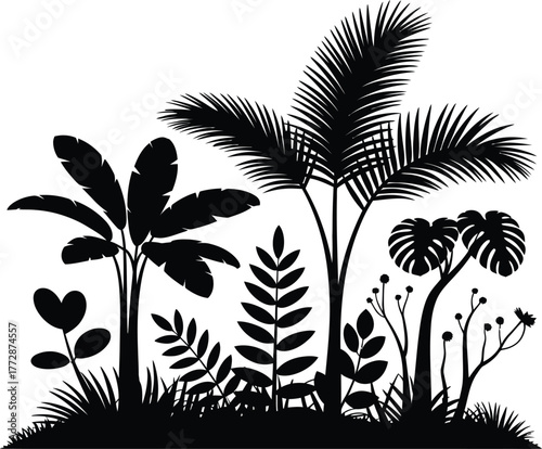 Black silhouette of lush rainforest plants and foliage
