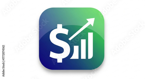 A green and blue icon with a dollar sign and a bar graph with an arrow pointing up