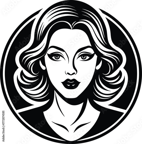 Black and white portrait of a woman within a circle