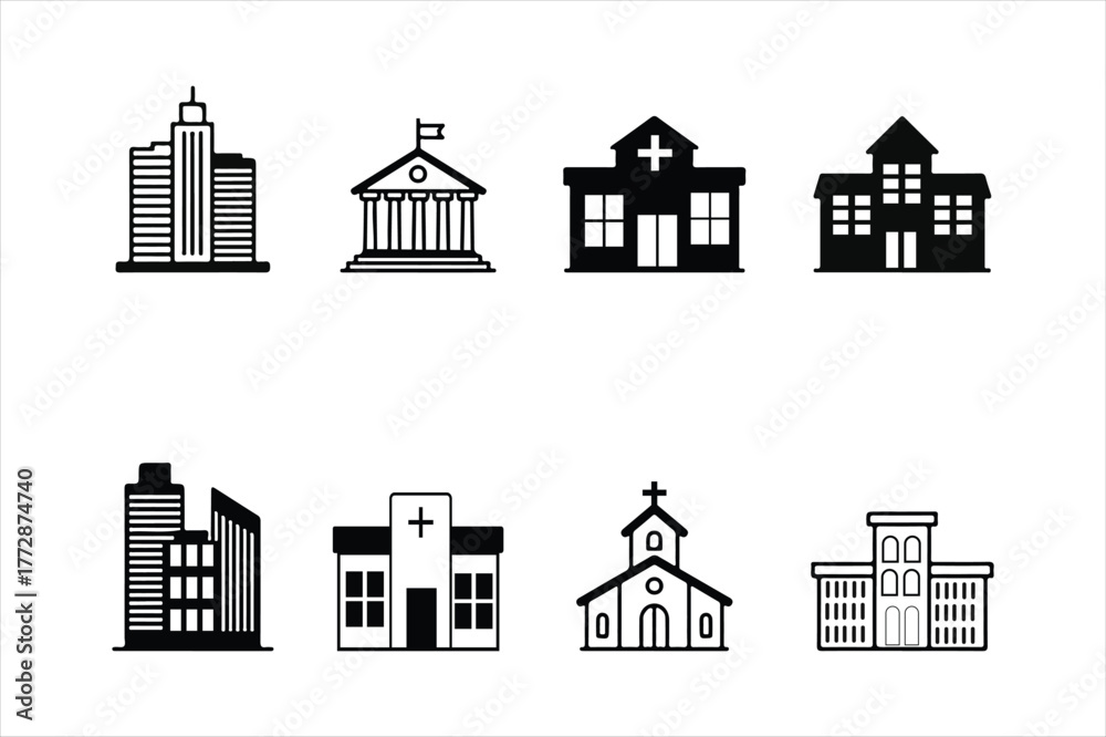 Fototapeta premium Set of eight various building icons representing civic governmental hospital and residential structures