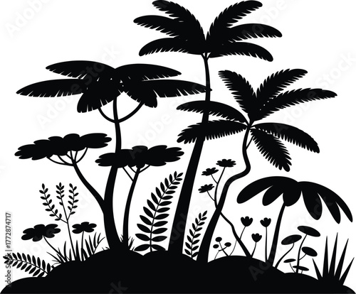 Black silhouette of lush rainforest plants and foliage