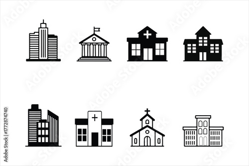 Set of eight various building icons representing civic governmental hospital and residential structures