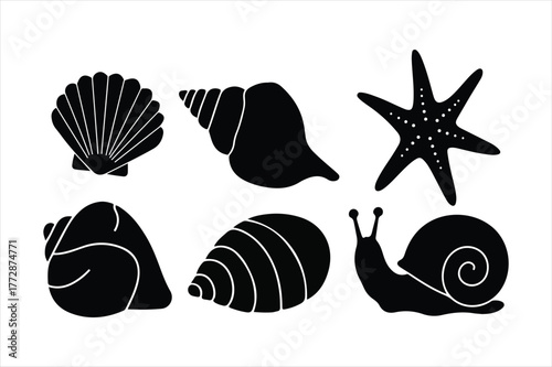 Collection of black silhouettes of marine life seashells starfish and snails on white