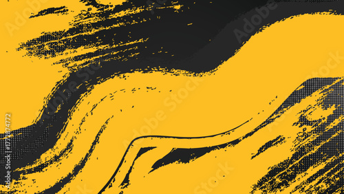 Dynamic modern abstract design featuring bold black and yellow color contrast with expressive brushstroke patterns and halftone effects. Perfect for creative posters, sports themes, music covers