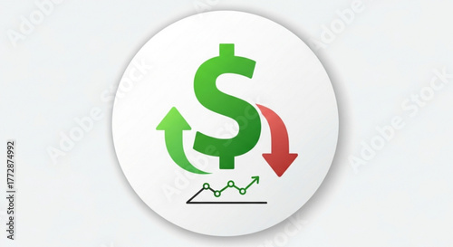Illustration of a green dollar sign with arrows indicating financial growth and decline, represents market trends and investment