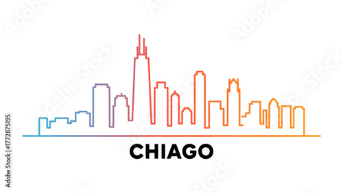 Chicago Skyline Silhouette: A clean, minimalist line art captures the essence of the Chicago skyline, featuring iconic buildings in a vibrant gradient against a clean backdrop.