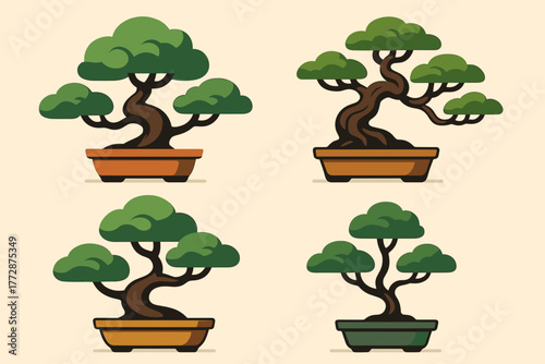 Artistic bonsai trees in different styles and pots with a minimalist design