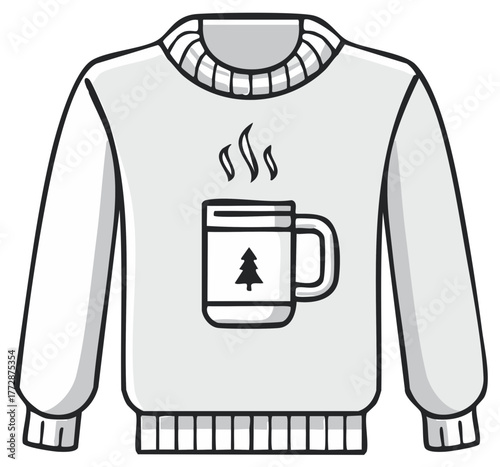 Festive Winter Holiday Sweater with Steaming Mug and Christmas Tree Graphic