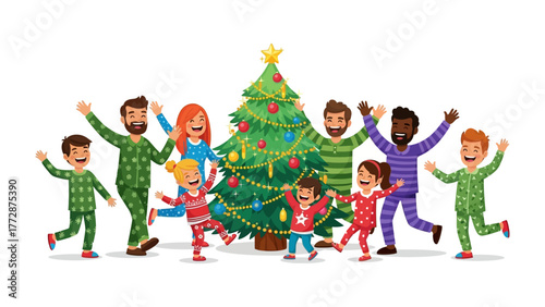 Christmas Joy: A joyous family stands united, radiating festive cheer in front of a decorated Christmas tree, evoking the warmth and togetherness of the season.
