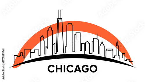 Chicago Skyline Silhouette: A clean, modern silhouette captures the essence of Chicago's iconic skyline, with the city's name boldly displayed below an orange arch.