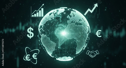 A digital representation of global finance and economics, featuring a glowing earth surrounded by financial symbols and charts, illustrating international trade and investment