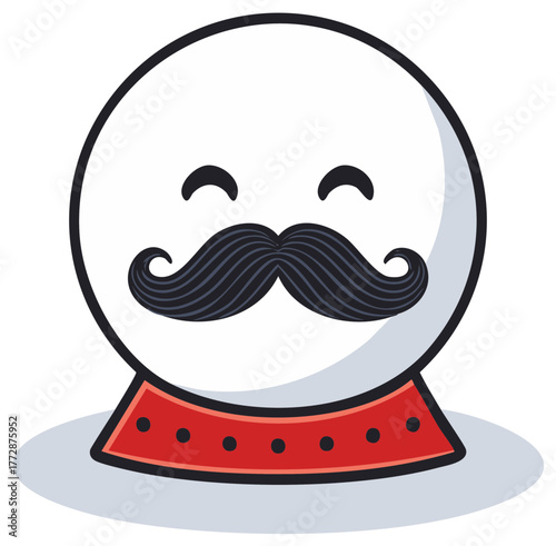 Smiling cartoon face with a dapper black handlebar mustache and red collar