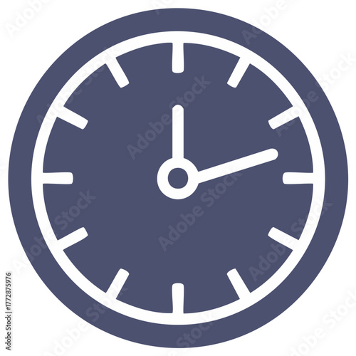 Iconic round clock illustration with white hands at two o'clock on a navy blue face.