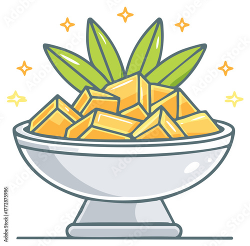 Cartoon illustration of a bowl of cut fruit with decorative leaves and sparkles.