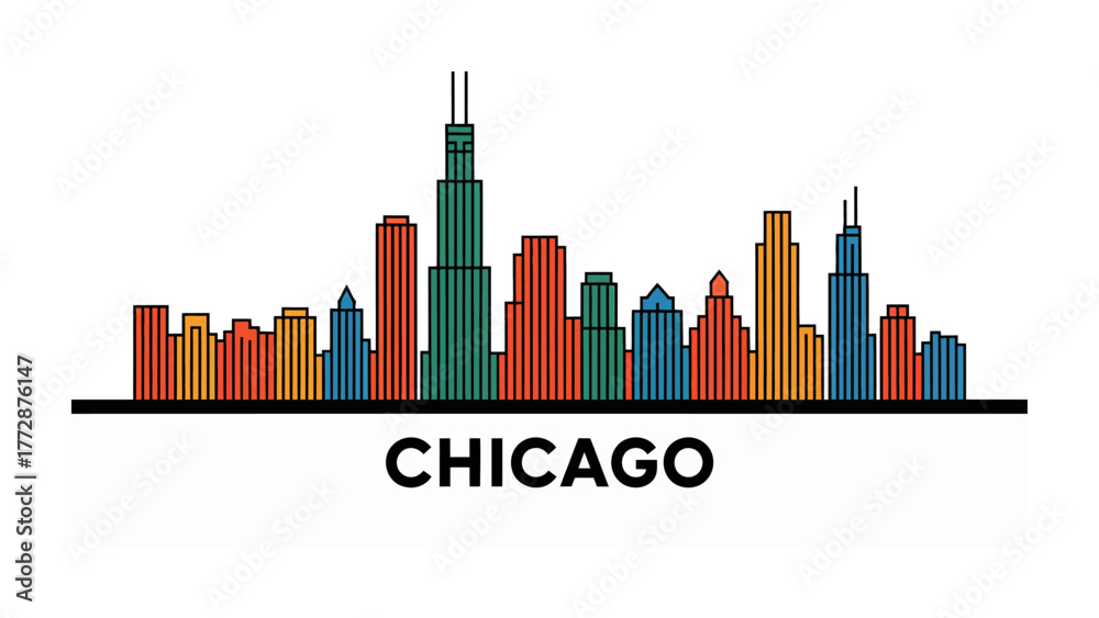 Naklejka premium Chicago Skyline Silhouette: The iconic Chicago skyline, rendered in a striking silhouette, showcasing the city's unique architectural landscape and urban character.