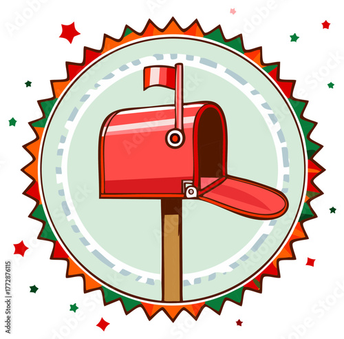 Festive red mailbox illustration, open and with flag up, inside a starburst frame.