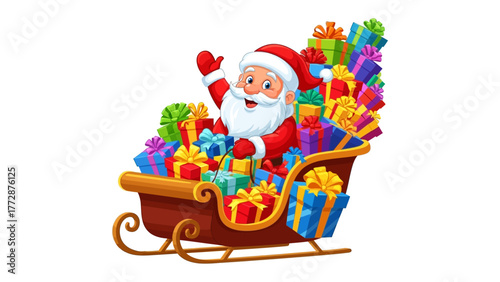 Santa's festive delivery: A cheerful illustration of a jolly figure in a red suit, brimming with joy, waves from his sleigh overflowing with colorful gift boxes, ready to spread holiday cheer.
