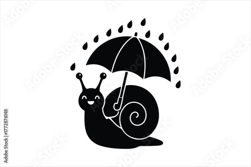 Cute snail holding umbrella under raindrops playful character design black and white silhouette