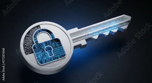 A futuristic key with a padlock, symbolizing digital security, data protection, and the importance of encryption in the modern technological landscape