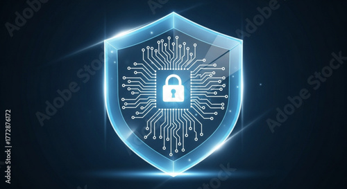 Shield with a padlock inside a microchip circuit, symbolizing data protection, cybersecurity, and the importance of safeguarding digital information in todays interconnected world