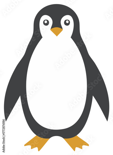 Simple flat design illustration of a cute cartoon penguin standing. Adorable Antarctic bird animal character.