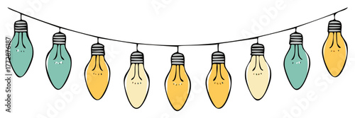 Drawn illustration of string lights in pastel colors for decoration