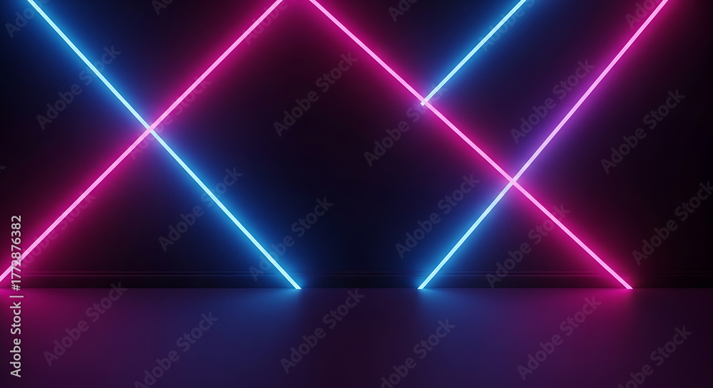 Obraz premium Intersecting Neon Light Beams in Pink and Blue on Dark Background for Futuristic Design and Visual Impact, 4K image 