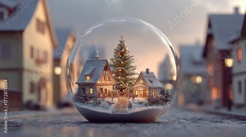 Snow globe scene with Christmas houses and tree, winter wonderland