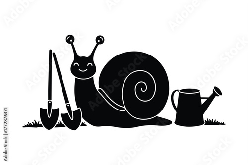 Cheerful snail with gardening tools shovel watering can and grass silhouette art