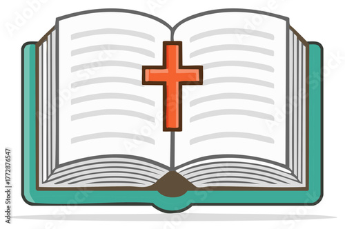 Open book with orange cross symbol illustration, Christian or religious concept.