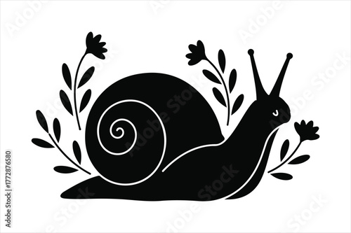 Charming silhouette snail surrounded by delicate floral elements in black and white