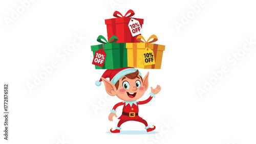 Holiday Elf with Gift Offer: A cheerful elf balancing an array of beautifully wrapped gift boxes, each with a discount tag, evokes the excitement of holiday shopping and gift-giving.