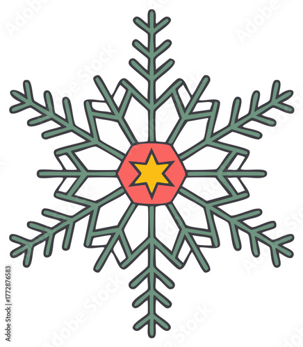 Colorful Cartoon Snowflake with Star Center, Winter Holiday Season Illustration
